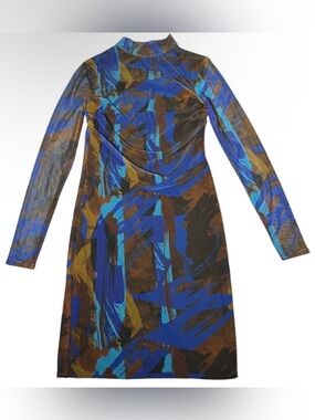 PrettyLittleThing 6 Long Sleeve Mesh Bodycon Dress Ruched Abstract Blue Brown